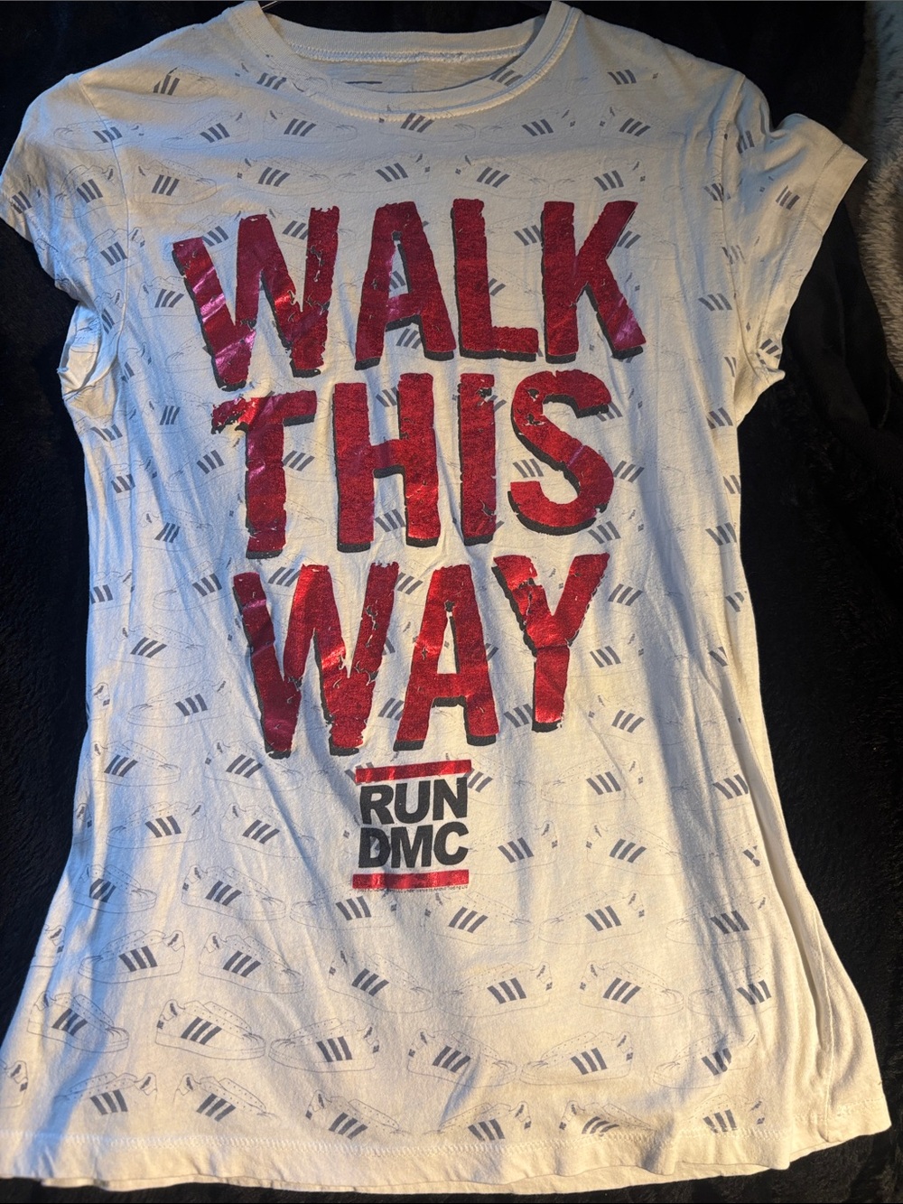 RUN DMC Women’s 'Walk This Way' Short Sleeve Tee - White with Red Print
